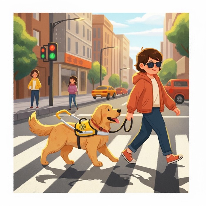 A golden retriever in a yellow guide harness carefully leading a person with sunglasses across a zebra crossing on a busy city street, sunny day.