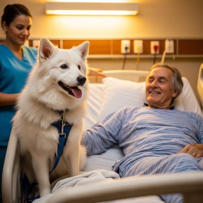 A fluffy white dog sitting gently on a hospital bed next to a smiling patient, warm indoor light, a nurse watching happily in the background.