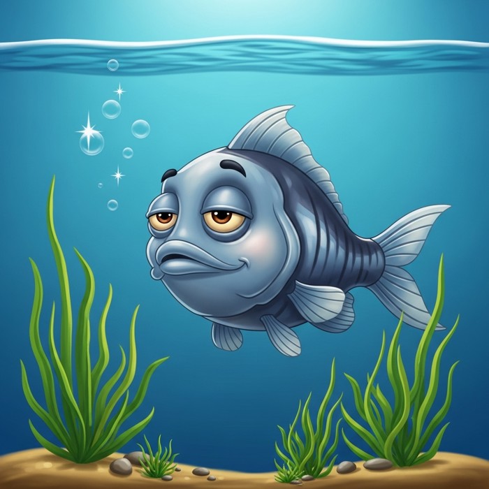 A calm cartoon fish resting near green plants at the bottom of a spotless blue tank, eyes half-closed and relaxed.