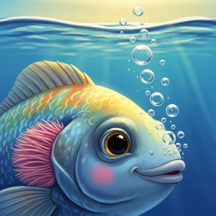 A close-up cartoon illustration of a colorful fish with visible pink gills on the side of its head, bubbles rising in clear blue water.