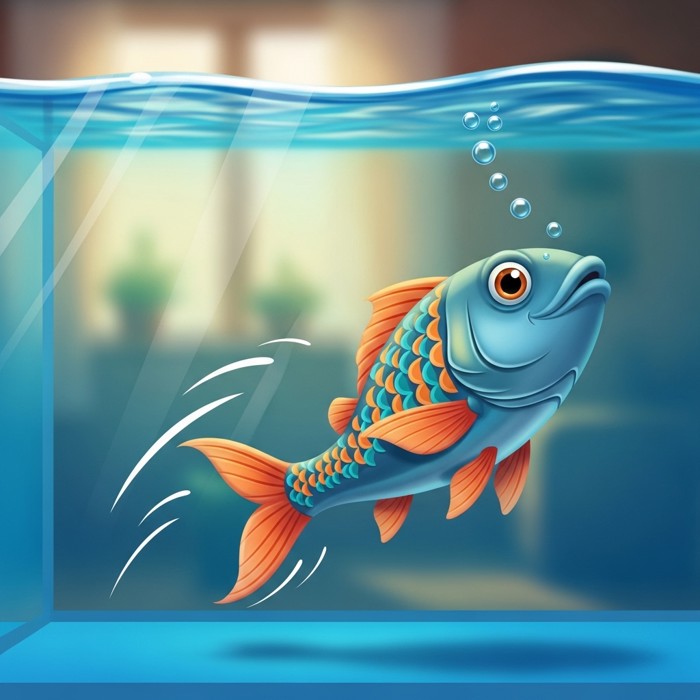 A cartoon fish making a sharp turn to the right inside a blue tank, with small motion lines showing its fast movement.