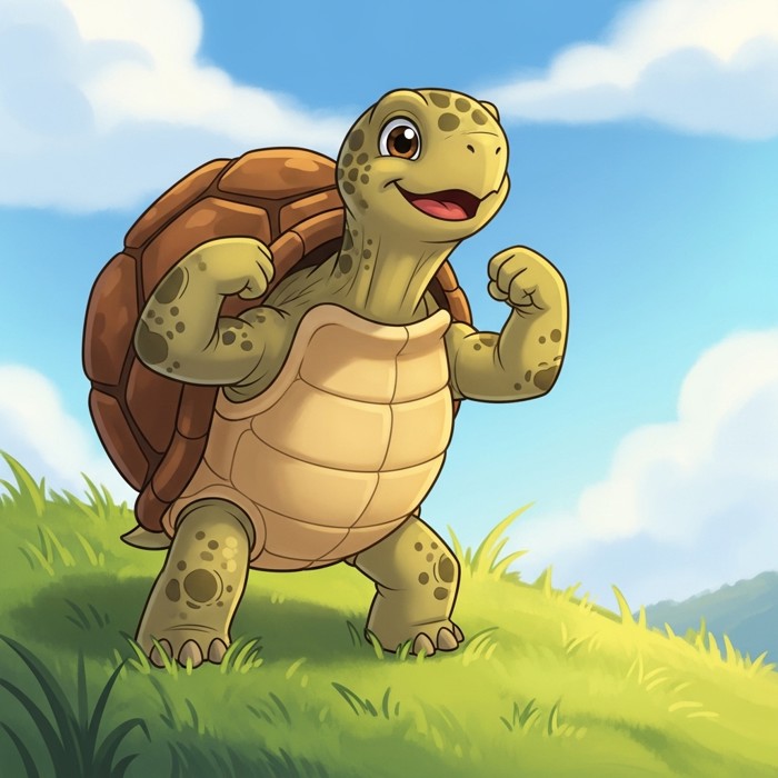 A confident cartoon turtle flexing its tiny arms and smiling on a grassy hill, with a big sturdy shell on its back and a blue sky above.