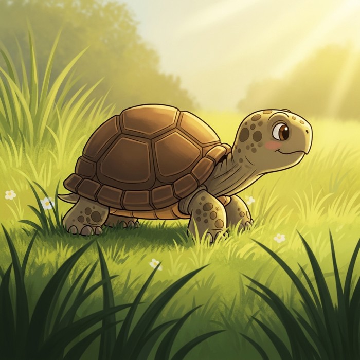 A cartoon turtle seen from the side, belly nearly touching the grass, walking with tiny steps in a green meadow.
