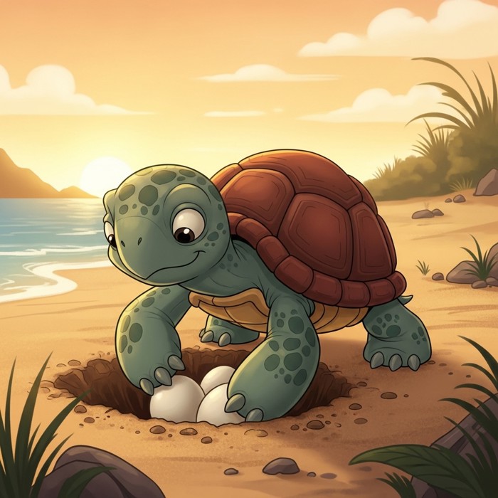 A mother cartoon turtle digging a small hole on a sandy beach at sunset, carefully placing round white eggs inside.