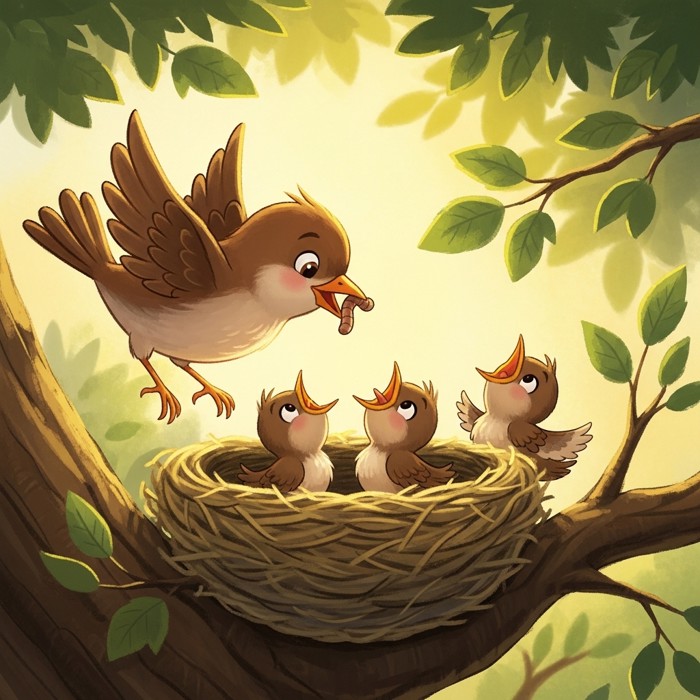 A mother bird with a worm in her beak, landing at a cozy nest full of three tiny baby birds with open mouths, nestled in a leafy tree branch.