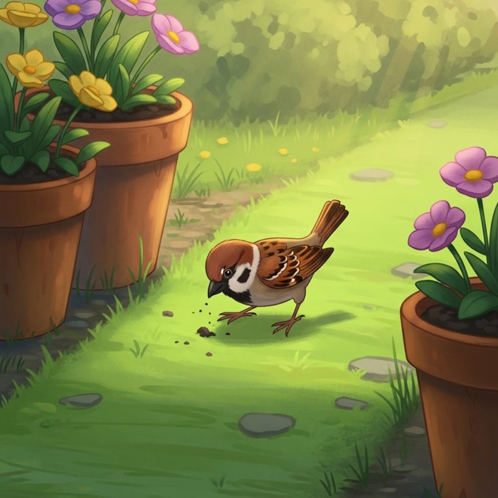 A small brown sparrow hopping along a green garden path, pecking at the ground between flower pots, in warm morning sunlight.