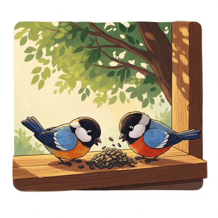Two small colorful birds pecking at a pile of seeds placed on a wooden windowsill, looking happy and busy, with a leafy tree in the background.