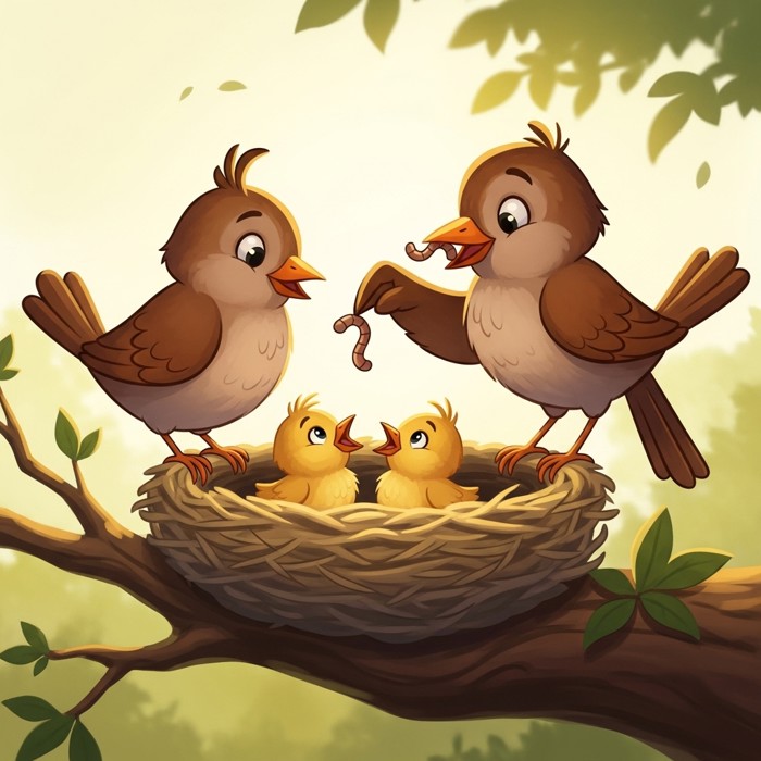 A cartoon mother bird at a nest full of fluffy baby chicks, dropping a worm into one open beak, soft warm colours, cozy tree branch setting.