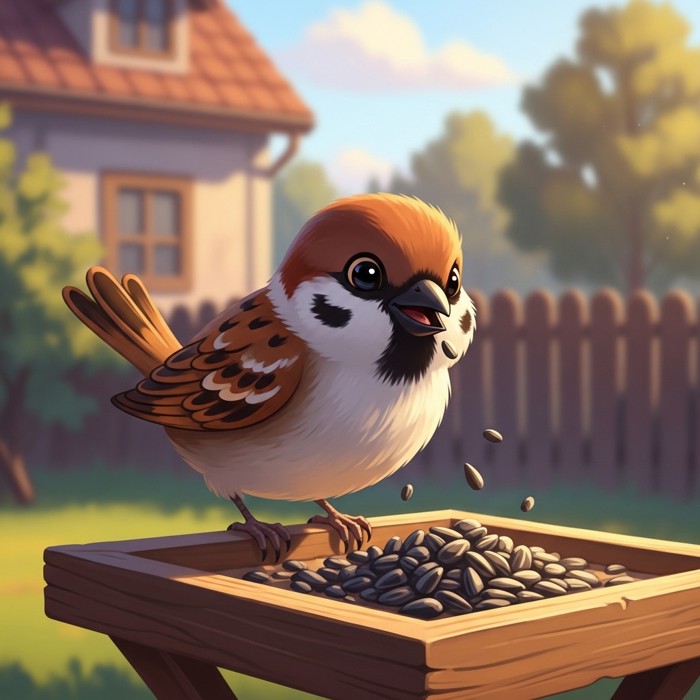 A cute cartoon sparrow with a tiny beak pecking at a pile of seeds on a wooden bird feeder, warm afternoon light, cheerful expression.