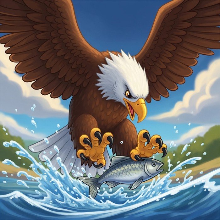 A powerful cartoon eagle swooping down over a river, grabbing a shiny fish with its large sharp claws, dramatic blue sky and splashing water.