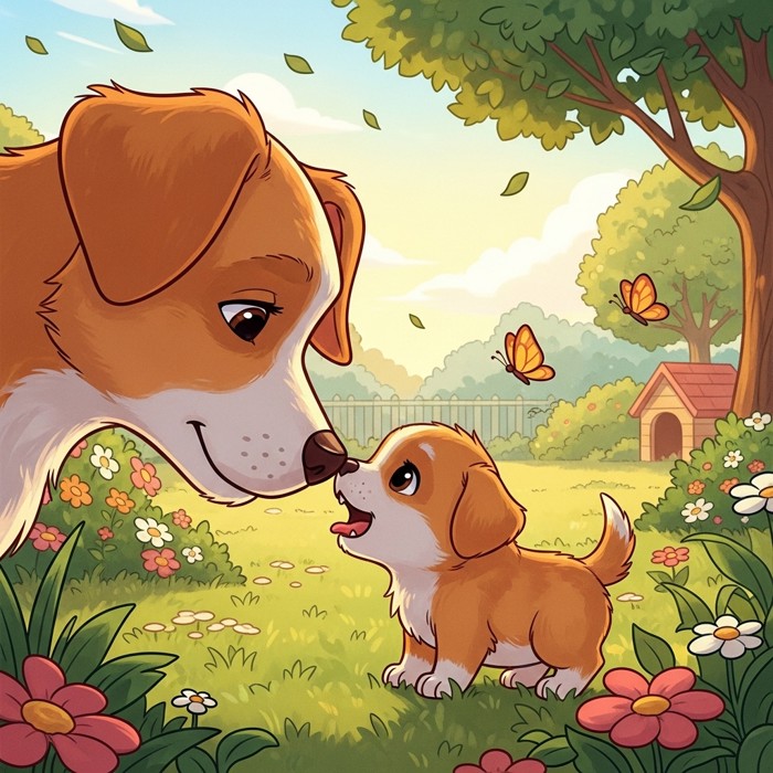 A mother dog and a small puppy nose-to-nose in a sunny garden, the puppy's mouth open in a tiny cry, warm and loving mood.