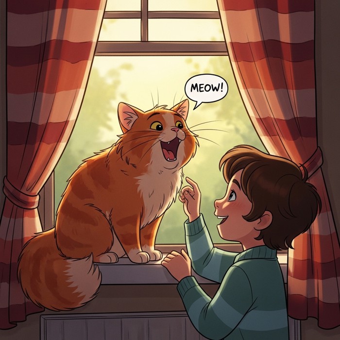 A fluffy orange cat sitting on a windowsill, mouth open, saying meow to a smiling child, warm afternoon light.