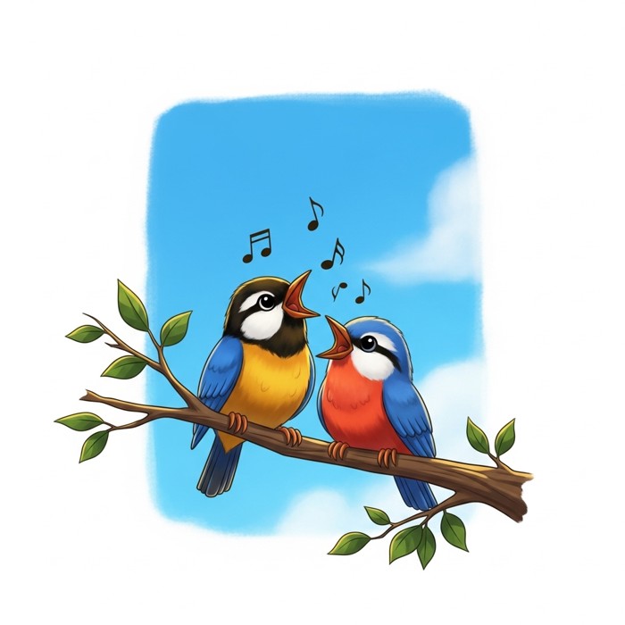 Two small colorful birds perched on a branch, beaks open, musical notes floating around them, bright blue sky behind.
