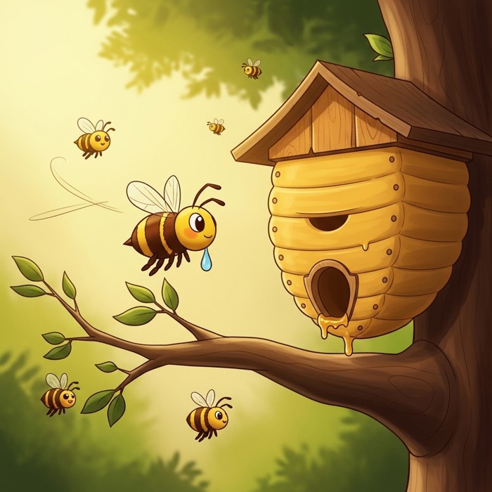 A cartoon bee flying toward a wooden beehive on a tree branch, carrying a small drop of nectar, surrounded by other bees.