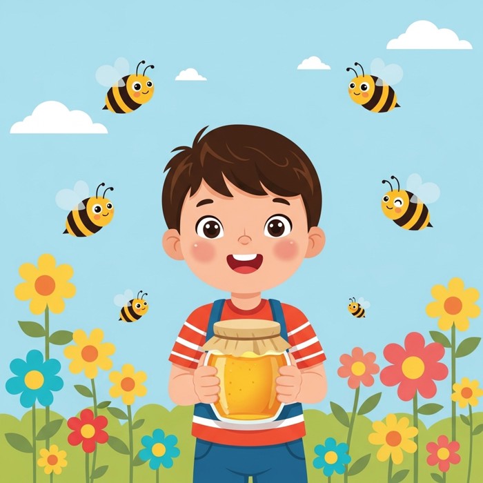 A happy child holding a jar of golden honey and smiling, with cartoon bees and colorful flowers in the background.