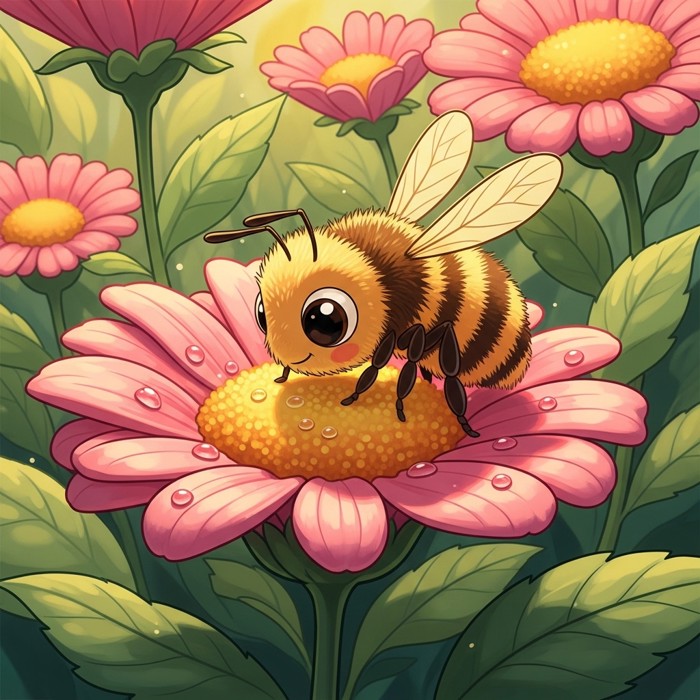 A cartoon bee dipping its head into a pink flower to drink, with tiny droplets of liquid visible inside the petals.