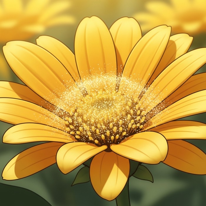 A close-up of a bright yellow flower with a thick cloud of golden pollen dust floating around it in soft sunlight.