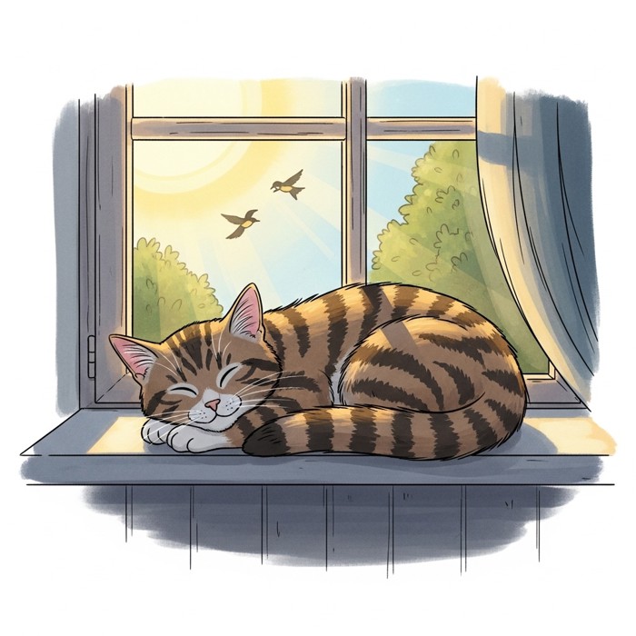 A striped cat sleeping on a sunny windowsill in the afternoon, birds flying outside the window while the cat ignores them completely.