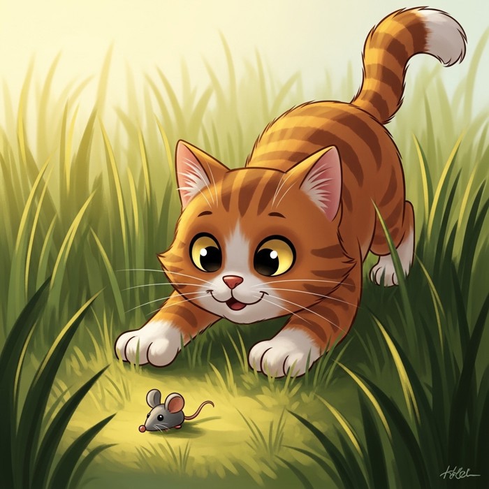 A cartoon cat crouching low in tall green grass, eyes wide and focused, ready to leap at a small toy mouse.