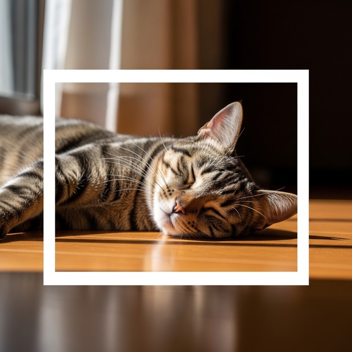 A contented tabby cat lying flat on a warm wooden floor in a square of bright sunlight coming through a window, eyes closed.