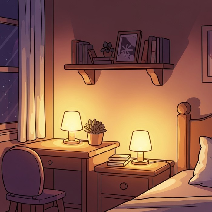 A cartoon bedroom with small glowing lamps placed on a desk, a shelf, and a nightstand, cheerful and warm, colorful room.
