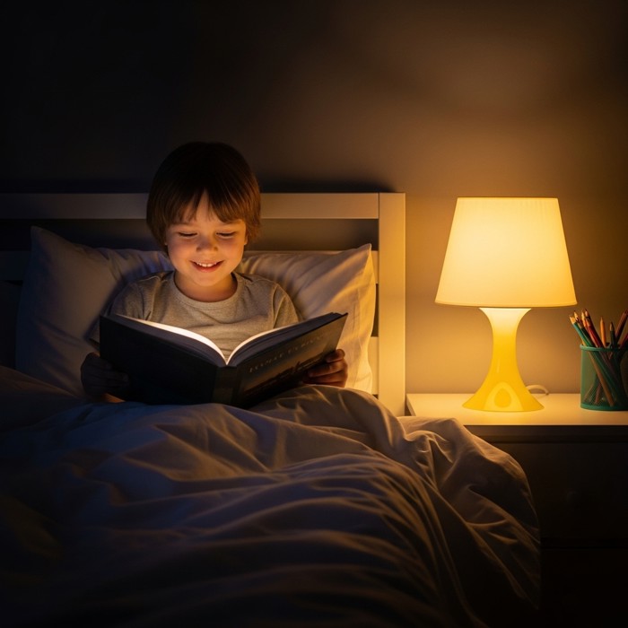 A cartoon child sitting up in bed under a warm yellow lamplight, smiling and holding an open book, cozy bedroom at night.