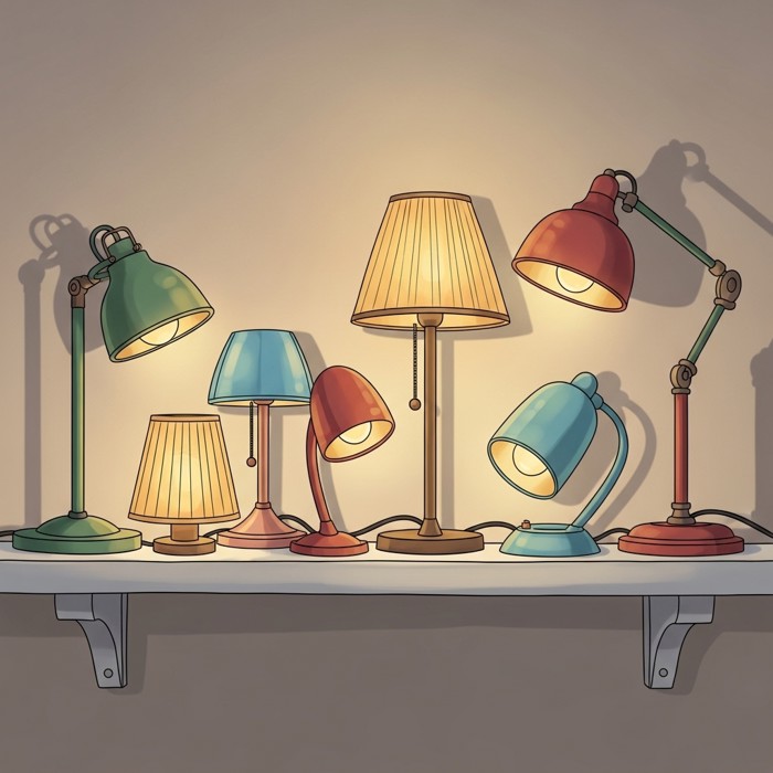 A cheerful display of cartoon lamps of different heights and shapes side by side, colorful and playful, on a white shelf.
