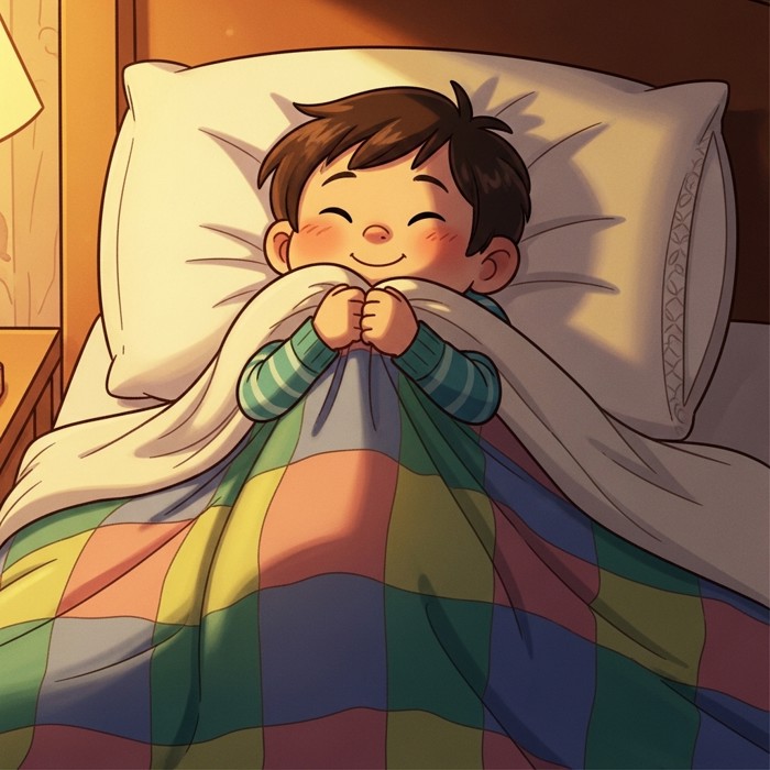 A cartoon child pulling a big colorful blanket up to their chin, smiling happily in a soft warm bed at night.