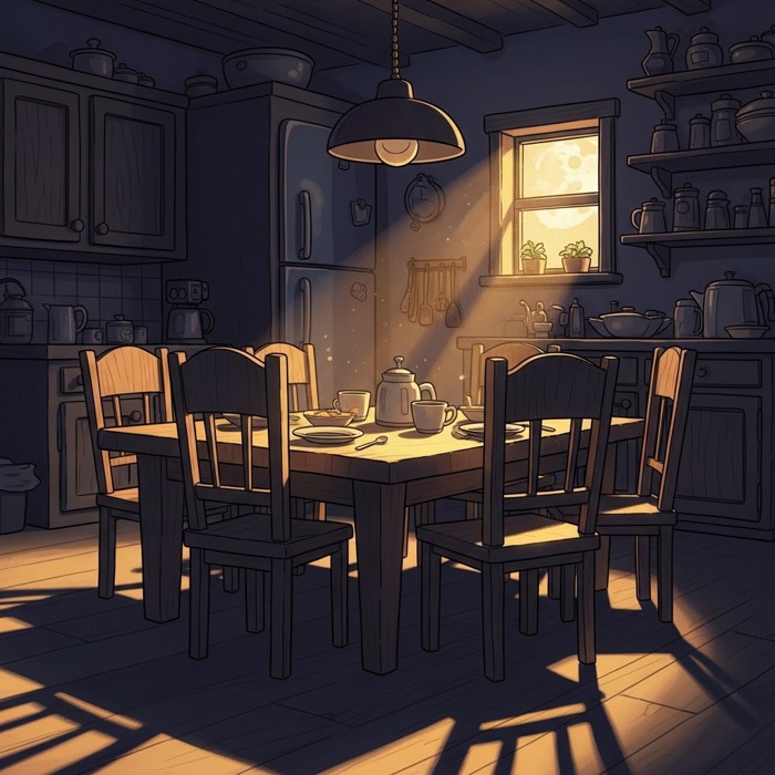 A cartoon kitchen table with empty chairs sitting quietly in the dark, moonlight streaming through a small window.