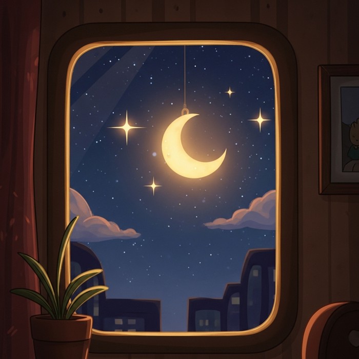 A cartoon night sky seen through a window with a few bright twinkling stars and a crescent moon glowing warmly.