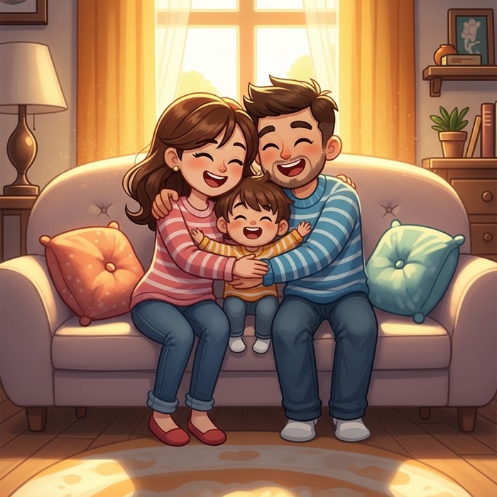A cartoon family of three sitting together on a sofa, laughing and hugging each other in a warm, brightly lit living room.