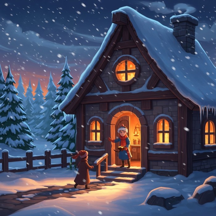 A cartoon house with thick, sturdy walls while icy wind and snow swirl outside, but inside it is warm and orange-lit.