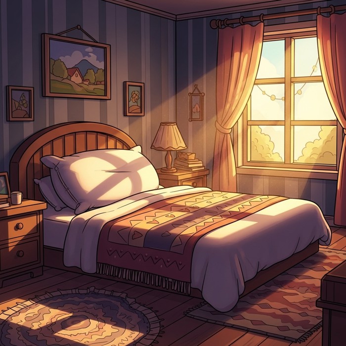 A fluffy, cartoon bed with a big pillow and a colorful blanket in a sunny bedroom, looking very cozy and inviting.