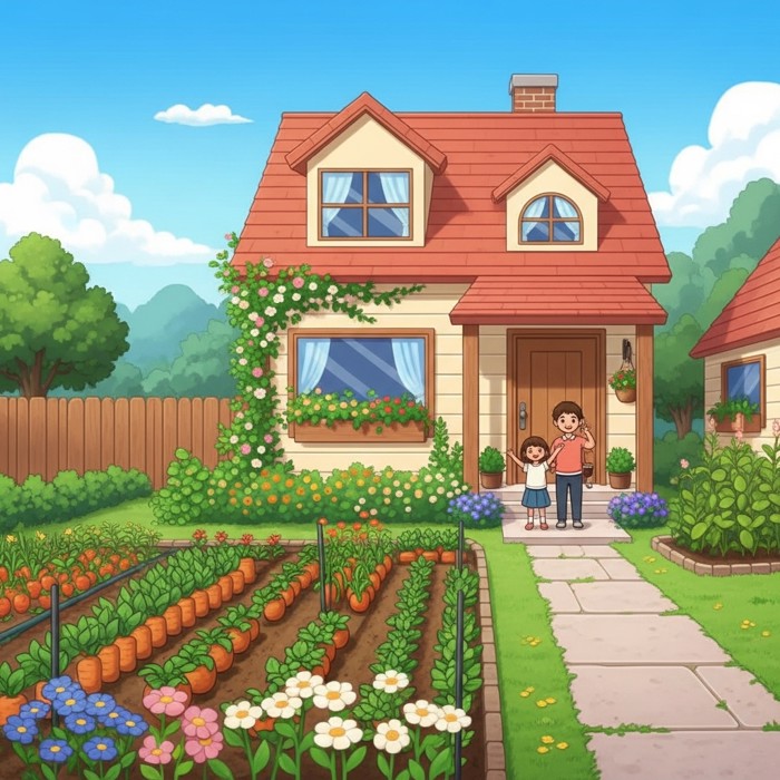 A warm cartoon scene of a cozy home with a beautiful front garden full of flowers and vegetables, a family smiling together outside on a sunny day.