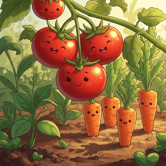 A cartoon garden bed showing bright red tomatoes on a vine and orange carrots poking out of the soil, with a happy expression on each vegetable.
