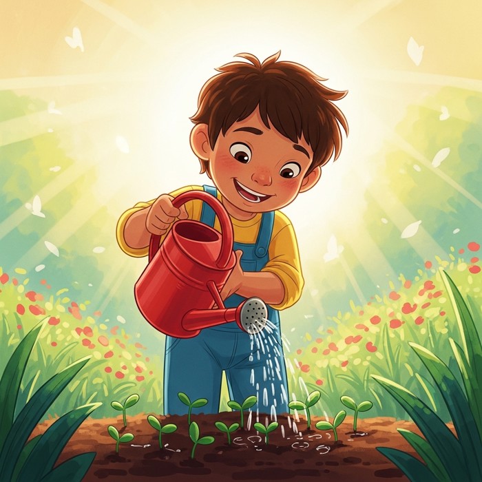 A smiling child holding a red watering can, pouring water gently over small green plants in a garden, soft morning light in the background.