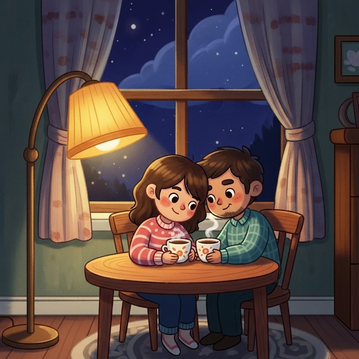 A warm cartoon home scene at night, two people sitting close together at a table by a window with a dark sky outside and a soft lamp glowing inside, happy and peaceful.