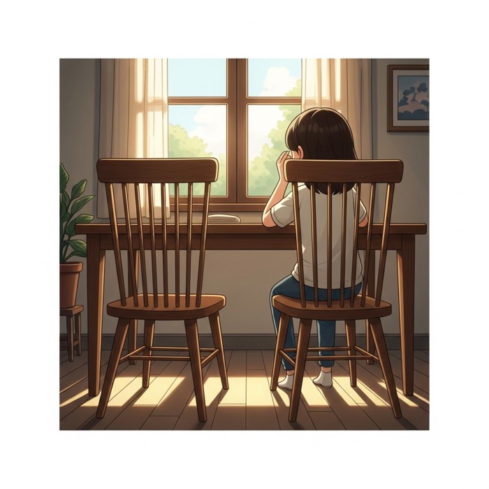 Two wooden chairs placed side by side at a round table near a window, simple and cozy home setting, soft natural light.
