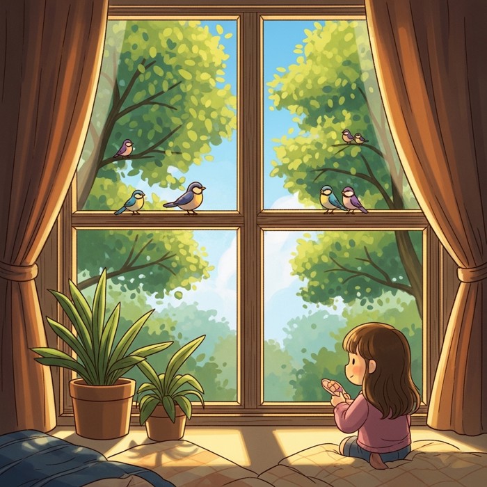 A view through a window showing green trees with small colorful birds sitting on the branches, blue sky in the background, peaceful and bright.