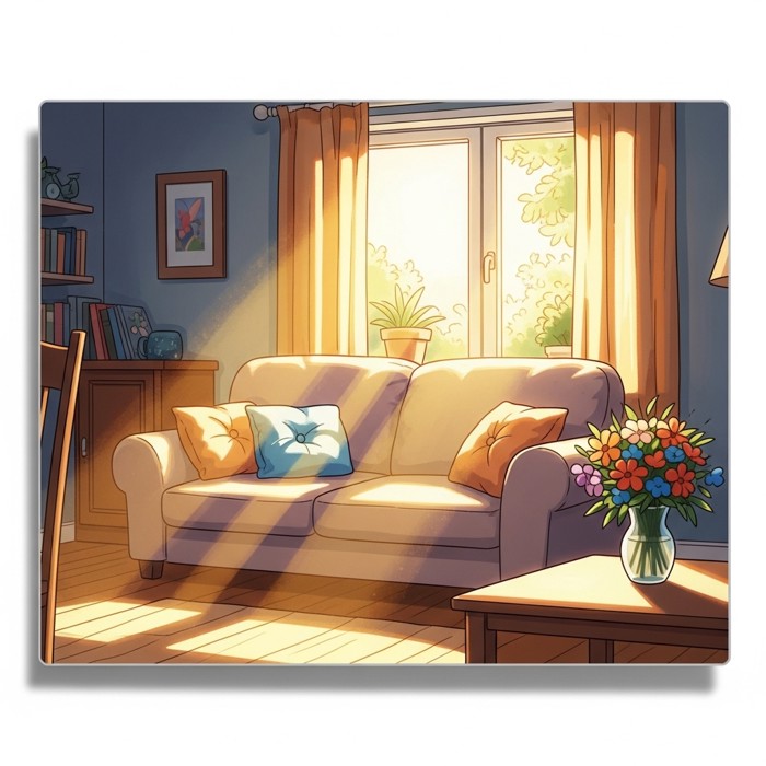 A bright, spotless cartoon living room with tidy cushions on a sofa, clean floors, and a vase of flowers on the table, warm sunlight coming through the window.