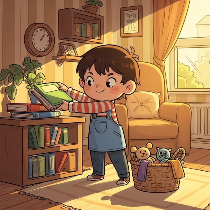 A cartoon child placing a book on a shelf and a toy in a basket, looking proud, inside a tidy living room.