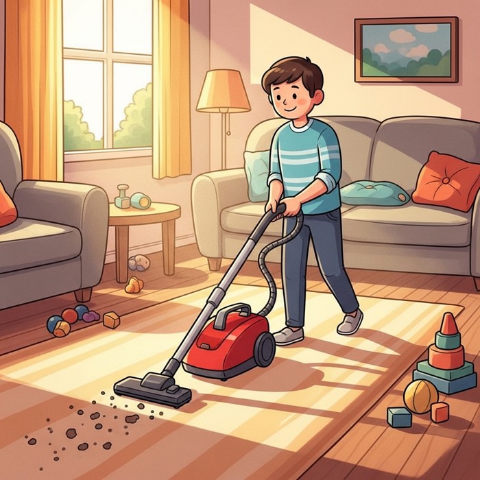 A cheerful cartoon person pushing a bright red vacuum cleaner across a living room floor, with small dirt pieces disappearing into it.