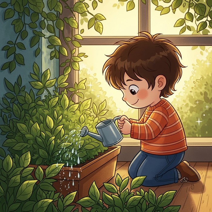 A cartoon child kneeling by a window box of green plants, holding a small watering can, water droplets sparkling in sunlight.