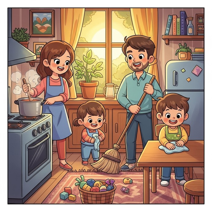 A cartoon family all doing chores together in a happy home — sweeping, cooking, and tidying — with big smiles and teamwork energy.