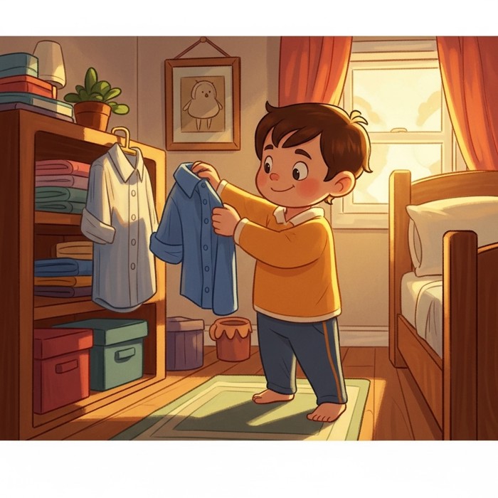 A cartoon child carefully folding a shirt and placing it on a shelf, looking proud, in a neat bedroom.