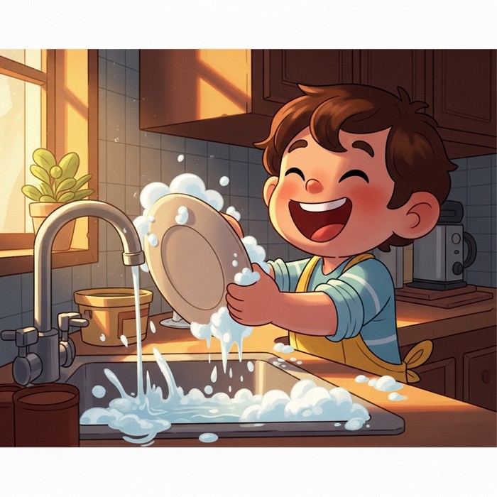 A cartoon child at a kitchen sink with soapy water, laughing and splashing, holding a big plate.