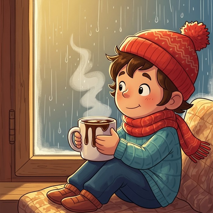 A cartoon child holding a big mug of hot cocoa with steam rising, sitting near a rain-streaked window, looking cozy and content.