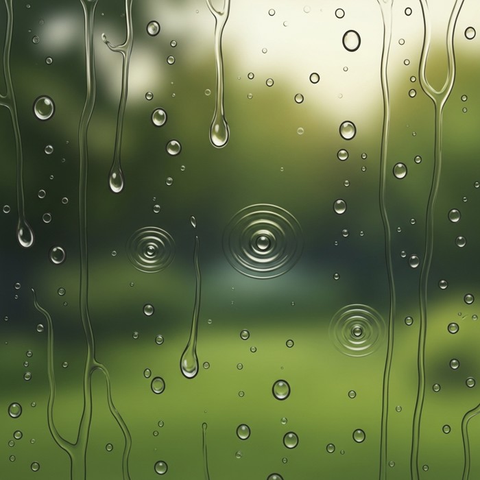 A close-up of raindrops hitting a glass window pane, each drop creating small ripples, with a blurry green garden visible outside, peaceful and calm mood.