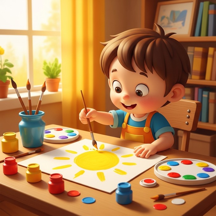 A cheerful cartoon child at a table painting a bright yellow sun on paper, colorful paints and brushes spread around, sunlight-like colors filling the room.