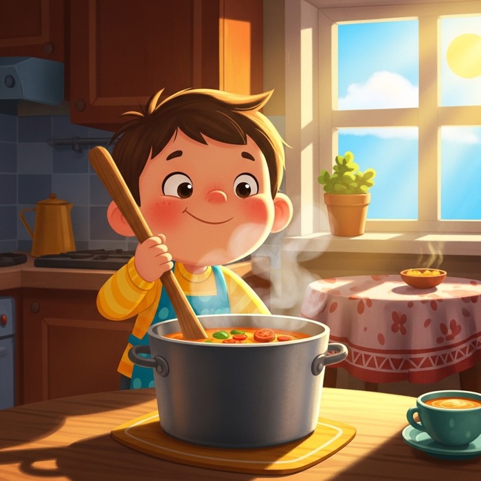 A smiling cartoon child stirring a steaming pot with a big wooden spoon, looking pleased at the delicious-smelling soup inside.